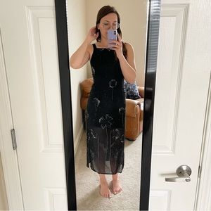 Vintage Y2K Black Dandelion Floral Sheer Sleeveless Square Neckline Maxi Dress